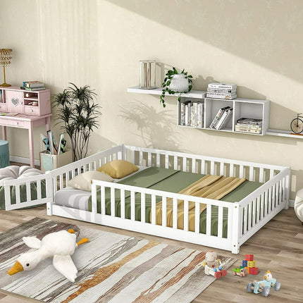 (Free Shipping)Twin Floor Bed Frame for Toddler, Montessori Floor Bed with Fence and Wood Slats, Low Wood Platform Beds for Girls Boys Kids Happy Time,White