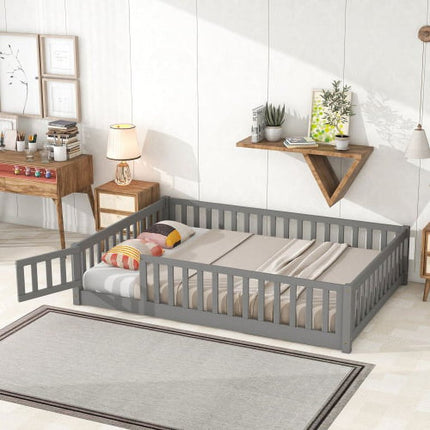 Full Floor Bed Frame for Toddler, Montessori Floor Bed with Fence and Wood Slats, Low Wood Platform Beds for Girls Boys Kids Happy Time, Gray