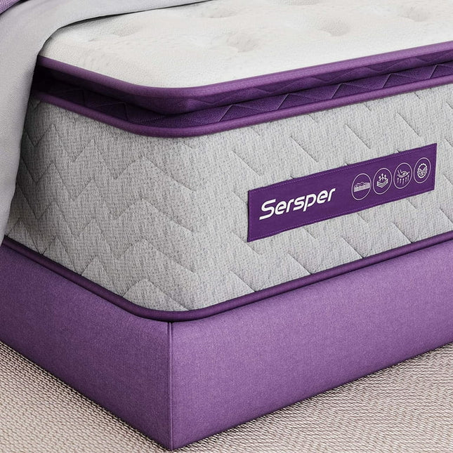 Full Size Mattress, Sersper 10 inch 5-Zone Pocket Pillow Top Double Mattress, Fiberglass-Free with CertiPUR-US Certified Memory Foam, Medium Firm Yet Supportive