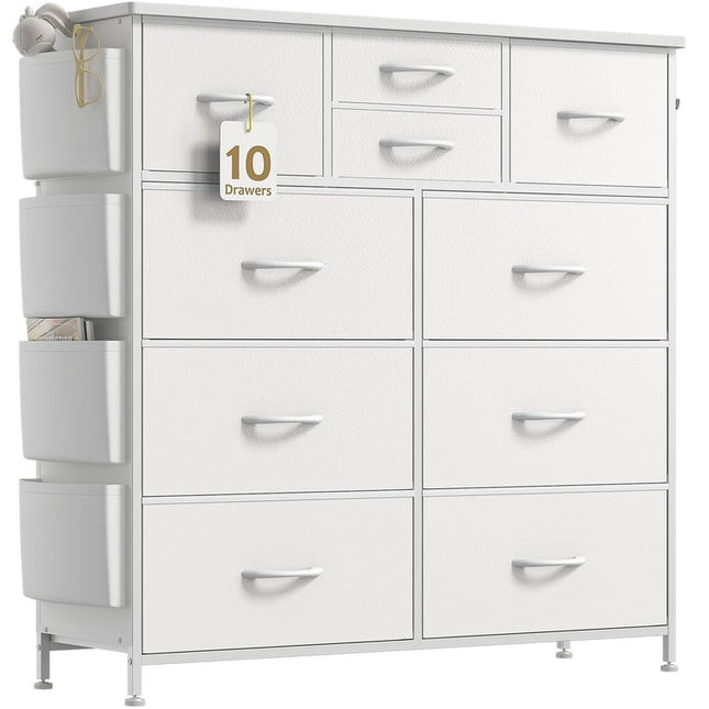 GIKPAL 10 Drawer Dresser, White Dresser Chest of Drawers Dressers for Bedroom Modern PU&Fabric Dresser Tall Dresser with Side Pockets and Hooks, White
