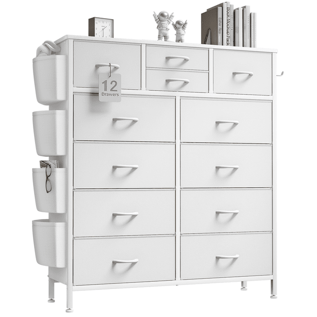 GIKPAL 12 Drawer Dresser, White Dresser Chest of Drawers Dresser for Bedroom PU&Fabric Dressers with Side Pockets and Hooks, White