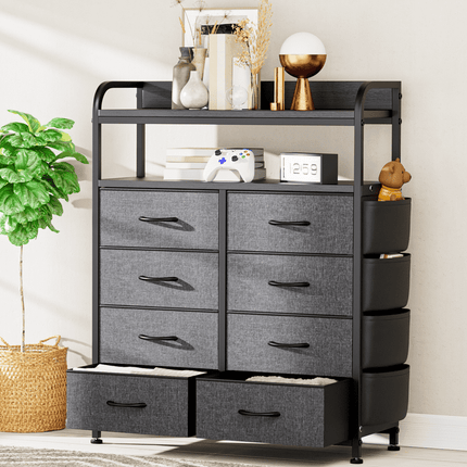 GIKPAL 8 Drawer Dresser, Chest of Drawers for Bedroom, Fabric Drawer Dressers for Kids and Adult, with Side Pockets and Hooks, Grey