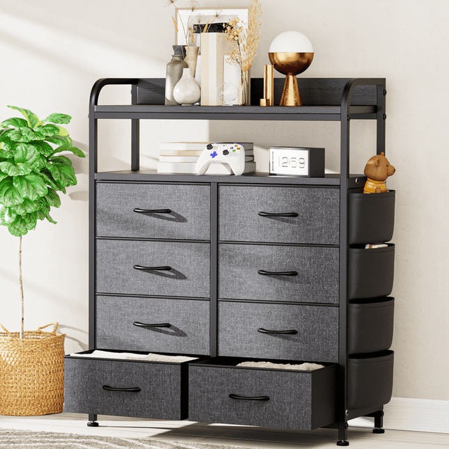 GIKPAL 8 Drawer Dresser, Chest of Drawers for Bedroom, Fabric Drawer Dressers for Kids and Adult, with Side Pockets and Hooks, Grey