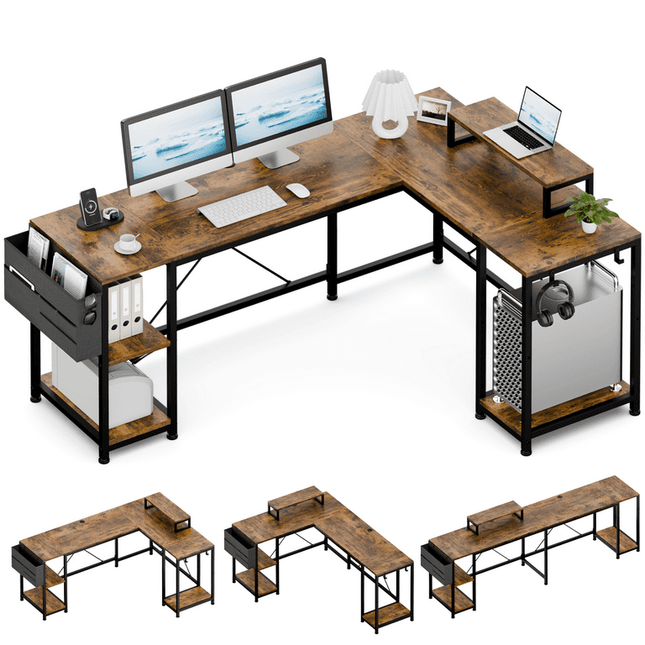 GIKPAL 95" Reversible Computer Desk, L Shaped Desk Office Desk with 3 Shelves/Monitor Stand/ Storage Bag/Hooks for Home Office, Brown