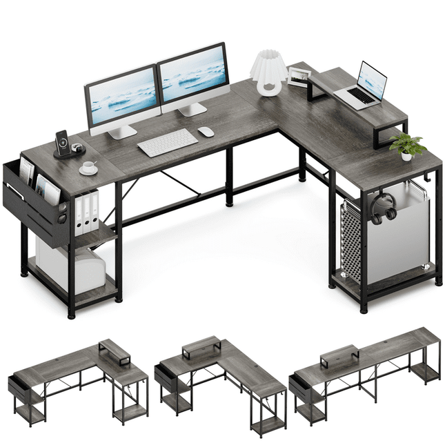 GIKPAL 95" Reversible Computer Desk, L Shaped Desk Office Desk with 3 Shelves/ Monitor Stand/ Storage Bag/ Hooks for Home Office, Grey