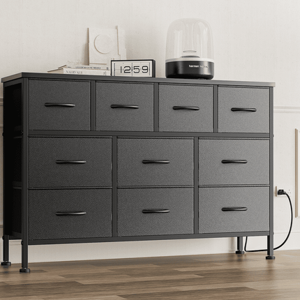 GIKPAL Dresser TV Stand, 10 Drawer Dresser for Bedroom with Power Outlet, Chest of Drawers for 50" Long TV, PU Dresser for Storage and Organization, Black