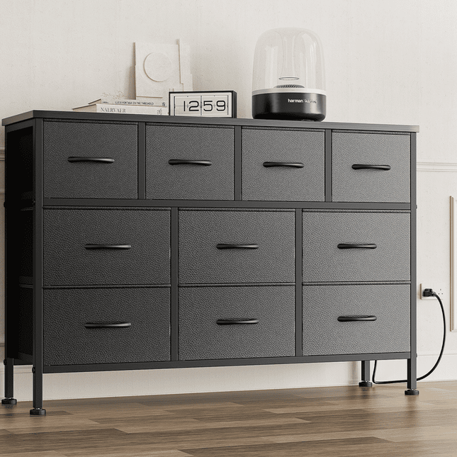 GIKPAL Dresser TV Stand, 10 Drawer Dresser for Bedroom with Power Outlet, Chest of Drawers for 50" Long TV, PU Dresser for Storage and Organization, Black