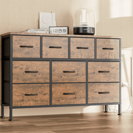 GIKPAL Dresser TV Stand, 10 Drawer Dresser for Bedroom with Power Outlet, Chest of Drawers for 55" Long TV, Fabric Dresser for Storage and Organization, Brown