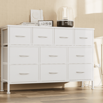 GIKPAL Dresser TV Stand, 10 Drawer Dresser for Bedroom with Power Outlet, Chest of Drawers for 55" Long TV, PU Dresser for Storage and Organization, White