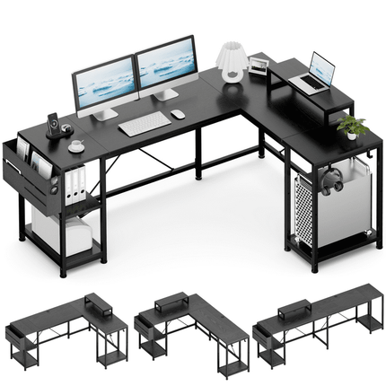 GIKPAL L-Shaped Computer Desk, 95" Reversible Computer Desk Office Desk with 3 Shelves/Monitor Stand/ Storage Bag/Hooks for Home Office, Black