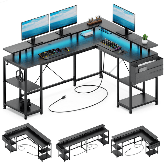 GIKPAL L Shaped Desk with LED Light and Power Outlet, 95" Reversible Corner Computer Desk with Monitor Stand and Storage Shelf, Modern L- Shaped Gaming Desk