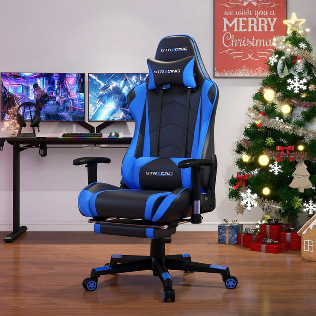 GTRACING Gaming Chair Office Chair PU Leather with Footrest&Adjustable Headrest,Blue