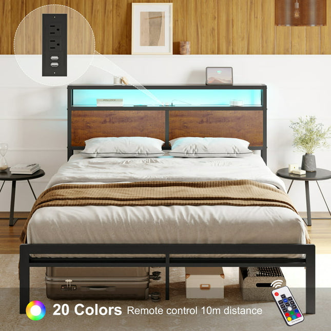 GUNAITO Queen Size Bed Frame with Wooden Headboard Metal Platform Bed Frame with LED Lights Charging Station Rustic Brown