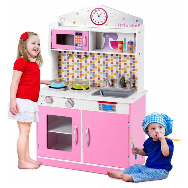 Giantex Kids Kitchen Playset, Wooden Pretend Cooking Playset w/ Cookware Accessories, Removable Sink, Microwave, Display Shelf, Toddler Pretend Play Kitchen Toy, Best Gift for Girl, Pink
