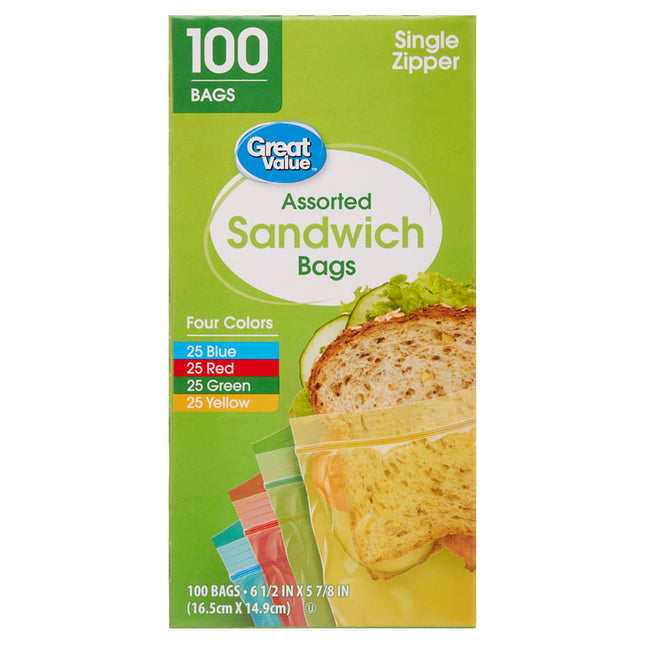 Great Value Fresh Seal Zipper Bags, Sandwich, Assorted Colors, 100 Count