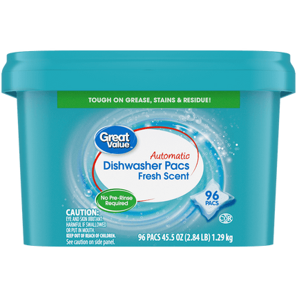 Great Value Pacs Dishwasher Detergent Pods, Clean and Fresh Scent, 45.5 Ounce, 96 Count