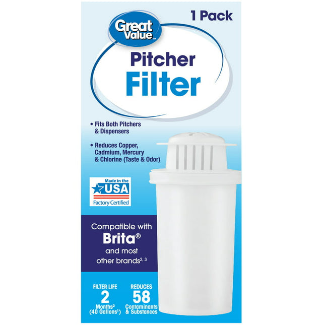 Great Value Replacement Pitcher Filter, Chlorine, Cadmium, Copper, Mercury, Zinc - Single Count