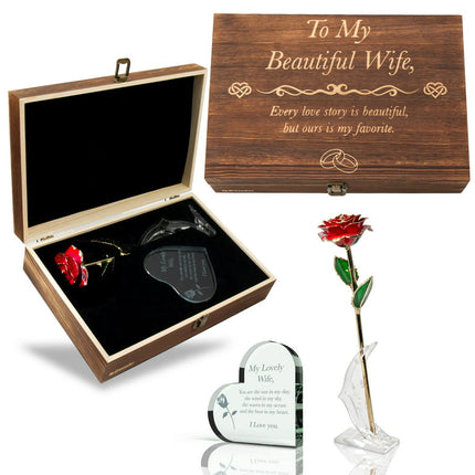 GreenCor Christmas Gifts for Her | Anniversary Wife | Women – Engraved Wooden Gift Set 'to My Beautiful Wife' Includes Crystal Engraved Heart | 24K Gold Dipped Rose | Birthday | Valentines Day