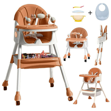 HAOUUCYIN 4-in-1 Baby High Chair Portable Dining Chairs Eat & Play with Five-Point, Double-Layer Dinner Plate and Toy Rack, 9.48 lbs Brown