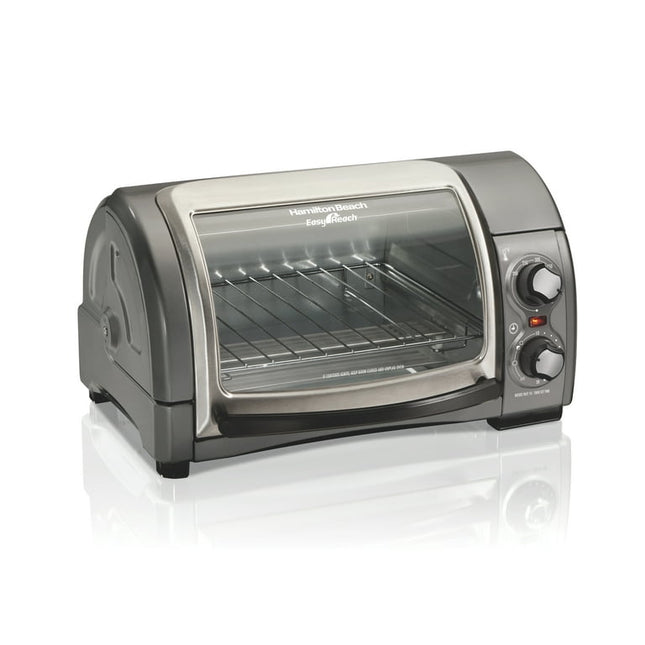 Hamilton Beach Easy Reach 4-Slice Countertop Toaster Oven With Roll-Top Door, 1200 Watts, Fits 9” Pizza, 3 Cooking Functions for Bake, Broil and Toast, Silver, 31334D