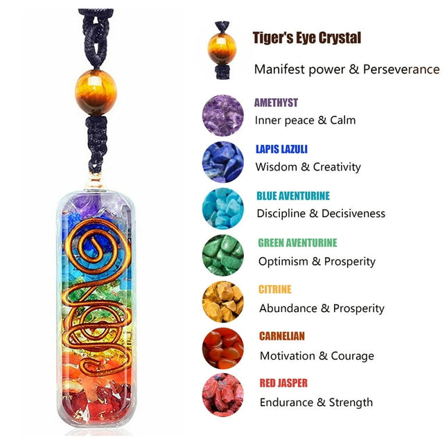 Healing Crystal Necklace for Women and Men Anniversary Gifts Seven Chakra Orgonite Healing Stones Pendant Necklace with Tiger Eye Beads Christmas Gifts