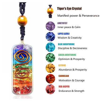 Healing Crystal Necklace for Women and Men Anniversary Gifts Seven Chakra Orgonite Healing Stones Pendant Necklace with Tiger Eye Beads Christmas Gifts