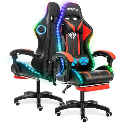 Hoffree Gaming Chair with Bluetooth Speakers and Footrest Massage Office Chair with LED Lights Ergonomic gaming chairs High Back with Lumbar Support and Headrest Adjustable Swivelfor Adults 300lb