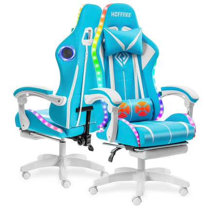 Hoffree Gaming Chair with Bluetooth Speakers and LED Lights Massage Game Chair with Footrest Ergonomic Office Chair High Back with Headrest Armrest Lumbar Support for Home Office,300lb