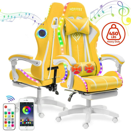 Hoffree Video Gaming Chair with Bluetooth Speaker Pro Racing Chair with LED Light  Massager Lumbar Support Ergonomic Linkage Padded Armrest High Back Racing Office Chair