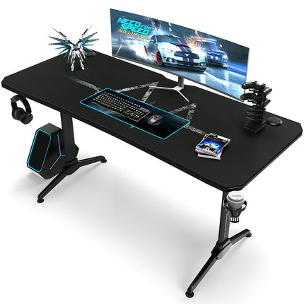 Homall 55 Inch Gaming Desk Y-Shaped PC Computer Gaming Office Desk with Mouse Pad Home Office Study Carbon Fiber Surface Gamer Workstation With Cup Holder and Headphone Hook, Black