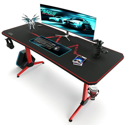 Homall 63-Inch Gaming Desk Y-Shaped PC Computer Office Desk with Mouse Pad Home Study Carbon Fiber Surface Gamer Workstation with Cup Holder and Headphone Hook, Red