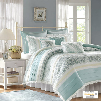 Home Essence Stella 9 Piece Cotton Comforter Set, Queen, Blue