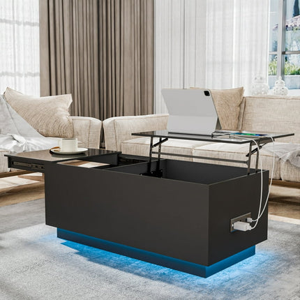 Hommpa LED Lift Top Coffee Table with Charging Station High Gloss Rectangle Center Tea Desk Black Hidden Storage Rising Dining Cocktail Tables Living Room