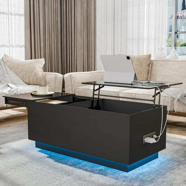 Hommpa LED Lift Top Coffee Table with Charging Station High Gloss Rectangle Center Tea Desk Black Hidden Storage Rising Dining Cocktail Tables Living Room