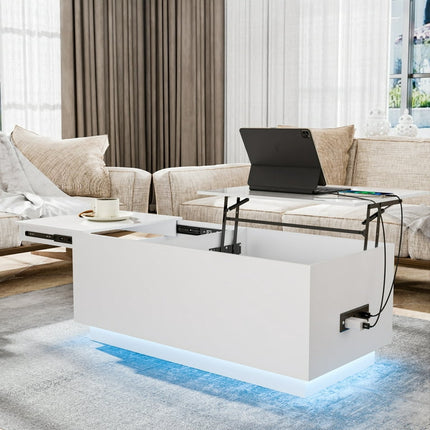 Hommpa LED Lift Top Coffee Table with Charging Station High Gloss Rectangle Center Tea Desk White Hidden Storage Rising Dining Cocktail Tables Living Room