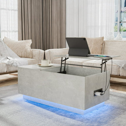 Hommpa LED Lift Top Coffee Table with Charging Station Rectangle Center Tea Table Desk Gray Hidden Storage Rising Tea Tables for Living Room