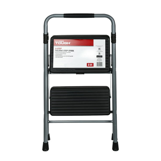 Hyper Tough Gray & Black 2-Step Steel Large Platform & Foldable Step Stool – Holds up to 225 Pounds