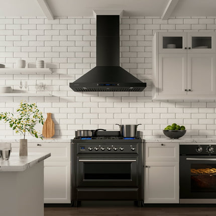 IKTCH 30 inch Black Wall Mount Range Hood, 900 CFM Ducted/Ductless Stainless Steel Vent Hood with Gesture Sensing & Touch Control Switch Panel, 2 Pcs Adjustable Lights(IKP02-30-BSS)