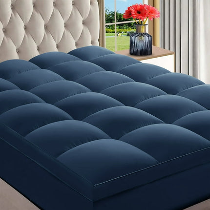 INGALIK Queen Mattress Topper, Extra Thick Cooling Mattress Pad Cover, 400TC Cotton Pillow Top Protector with 8-21" Deep Pocket, Soft 5D Spiral Fiber Padding for Back Pain, Navy Blue