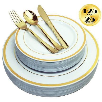 JL Prime 125 Piece Gold Plastic Plates & Cutlery Set, Re-usable Recyclable Plastic Plates with Gold Rim & Silverware, 25 Dinner Plates, 25 Salad Plates, 25 Forks, 25 Knives, 25 Spoons