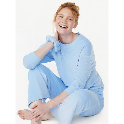 Joyspun Women's Ribbed Velour Top and Pants Pajama Set with Oversized Scrunchie, 3-Piece, Sizes S to 3X