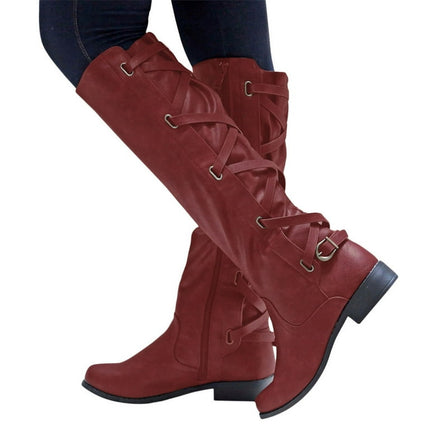 Juebong Christmas Deals Women's Boots Belt Buckle Boots Back Lace-Up Rider Boots Flat Over Knee Leather Boots Women,8.5, Wine
