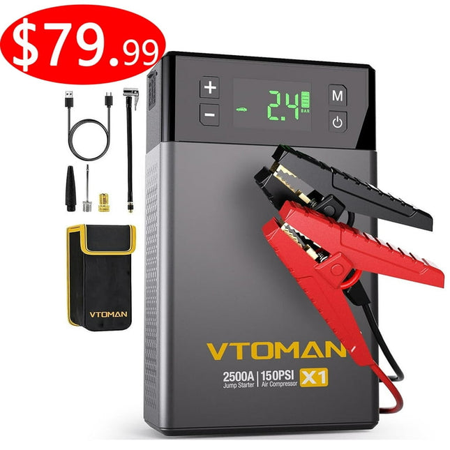 Jump Starter with Air Compressor,2500A Peak 12V Jumper Box for 8.5L Gas and 6.0L Diesel Engines with 150PSI Compressor Tire Inflator,Portable Auto Lithium Battery Booster Power Bank Car Starter
