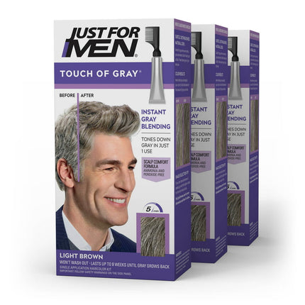 Just For Men Touch of Gray Hair Color with Comb Applicator, T-25 Light Brown, 3 Pack
