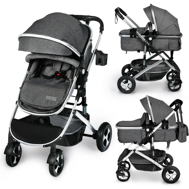 Kinder King 2 in 1 Convertible Baby Stroller, Folding Infant Newborn Reversible Bassinet Pram, Dark Grey