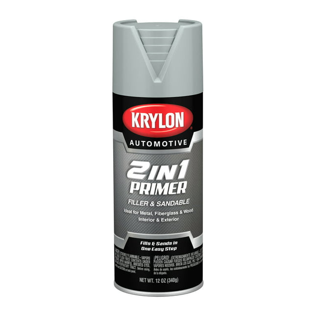 Krylon Automotive 2-In1 Hi-Build Primer Spray Paint, Flat, Gray, 12 oz.