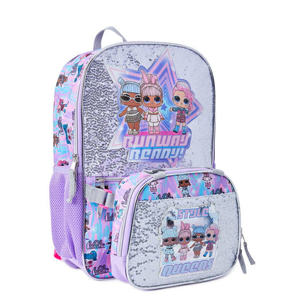 L.O.L Surprise! Runway Ready Girls 17" Laptop Backpack 2-Piece Set with Lunch Tote Bag, Silver Purple