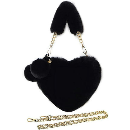 LFOGoods Furry Purse for Girls Heart Shaped Fluffy Faux Fur Handbag for Women Soft Small Shoulder Bag Clutch Purse-Black