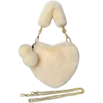 LFOGoods Furry Purse for Girls Heart Shaped Fluffy Faux Fur Handbag for Women Soft Small Shoulder Bag Clutch Purse-Creamy White