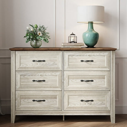 LINSY HOME Dresser for Bedroom, Long Dresser with 6 Drawers and Antique Handles, Chest of Drawers for Living Room, Entryway and Hallway, Rustic Oak